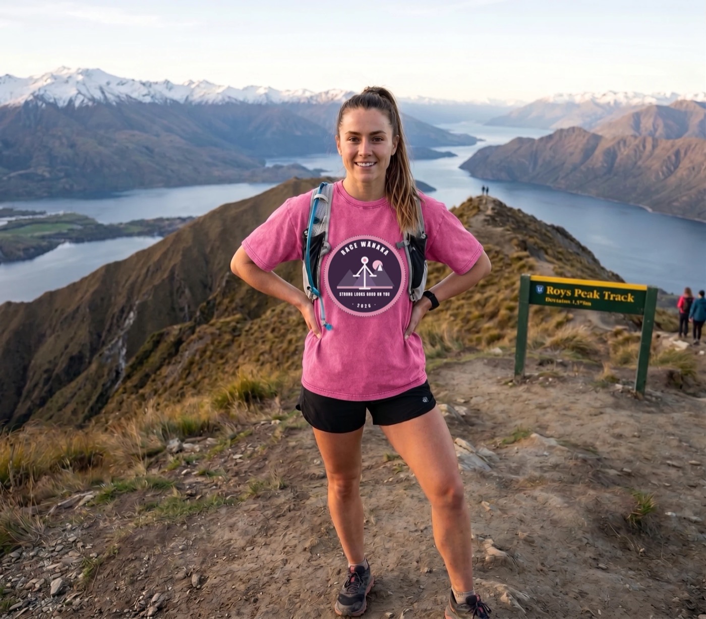 The pink tee, worn at the top of the Roys Peak track above the lake